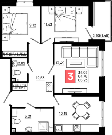 Планировка 3-комн 66,23 м²