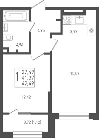 Планировка 1-комн 42,49, 42,77 м²