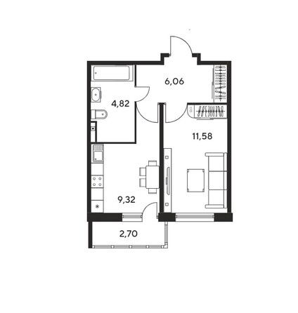 Планировка 1-комн 33,76 м²