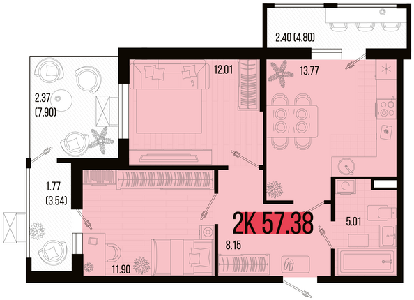 Планировка 2-комн 57,38 м²