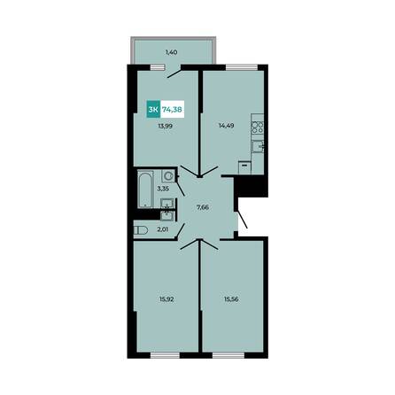 Планировка 3-комн 74,38 м²