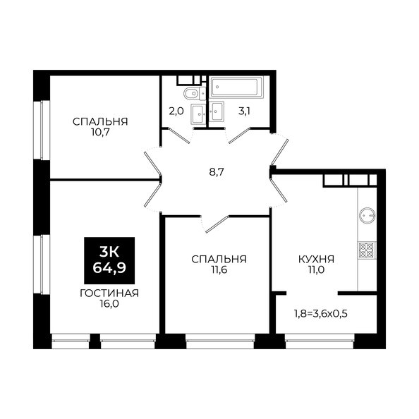 Планировка 3-комн 64,9, 65 м²