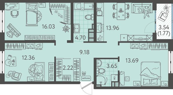 Планировка 3-комн 77,56 м²