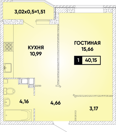 Планировка 1-комн 40,15 м²