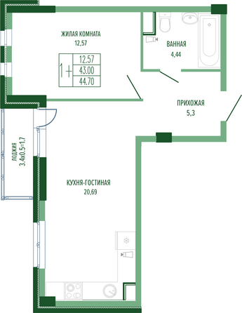 Планировка 1-комн 44,7 м²