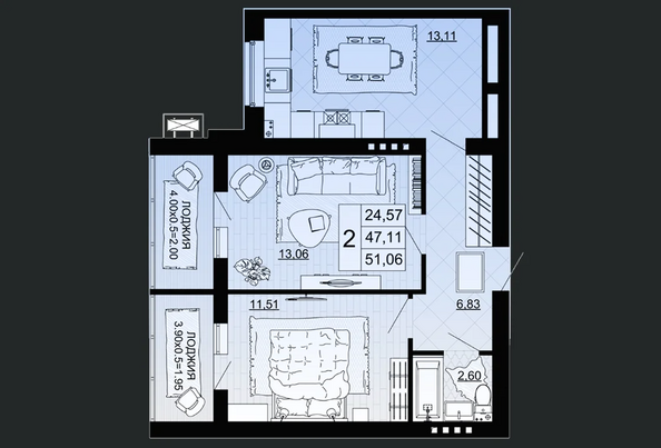 Планировка 2-комн 51,06 м²