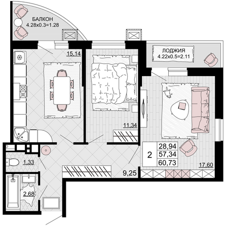 Планировка 2-комн 60,73 м²