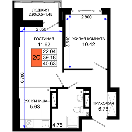 Планировка 1-комн 40,63 м²