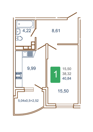 Планировка 1-комн 40,84 - 40,95 м²