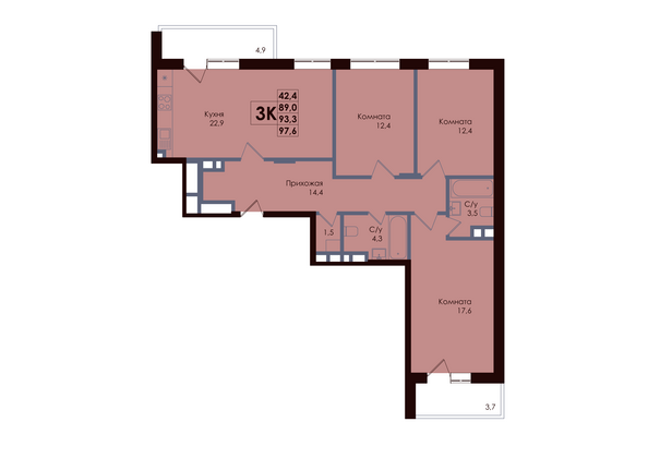 Планировка 3-комн 93,3 м²
