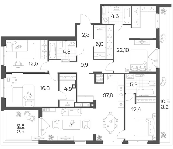 Планировка 4-комн 145,6 м²
