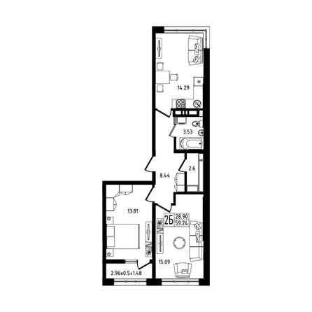 Планировка 2-комн 59,24 м²