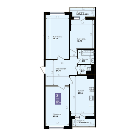 Планировка 3-комн 90,08 м²