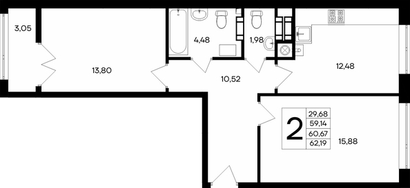 Планировка 2-комн 62,19, 62,59 м²