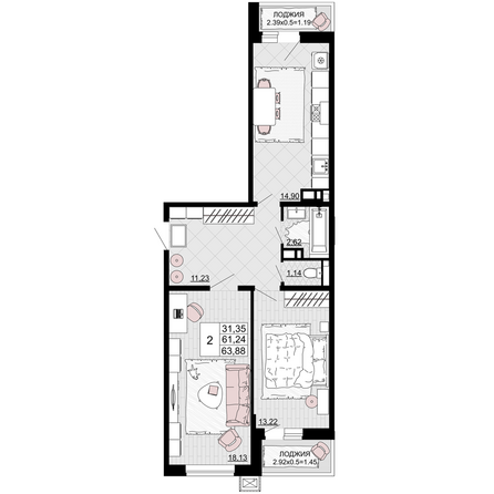 Планировка 2-комн 63,88 м²