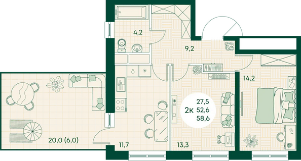 Планировка 2-комн 58,6 м²