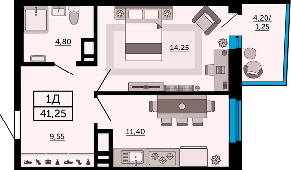 Планировка 1-комн 41,25 м²