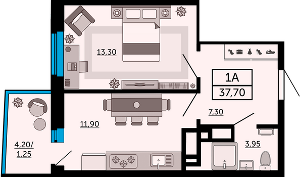 Планировка 1-комн 37,7 м²