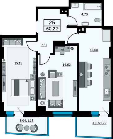 Планировка 2-комн 59,31 - 59,71 м²