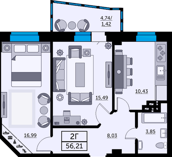 Планировка 2-комн 55,63 м²