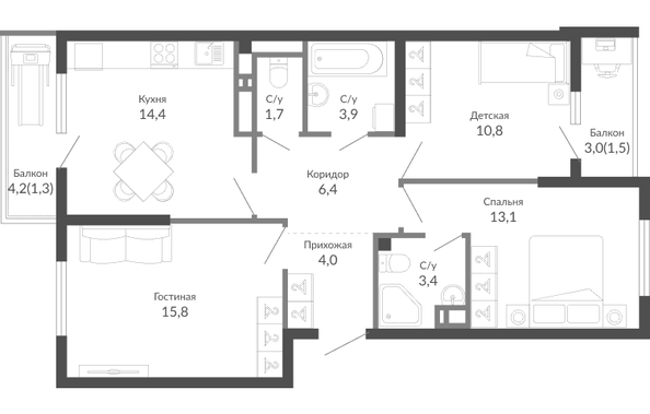 Планировка 3-комн 76,3 м²