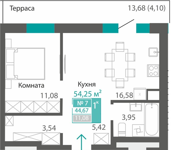 Планировка 1-комн 44,67 м²