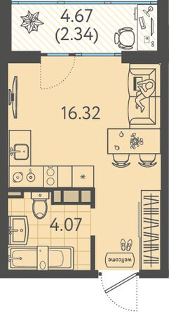 Планировка 1-комн 22,73 м²