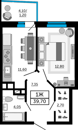 Планировка 1-комн 39,5, 39,7 м²