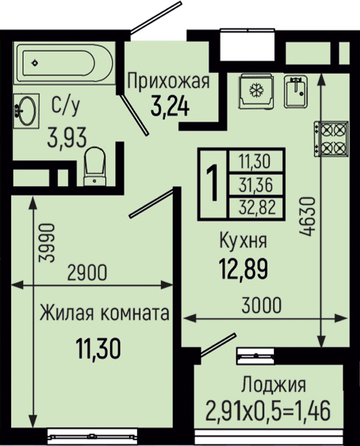 Планировка 1-комн 32,82 м²