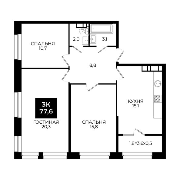 Планировка 3-комн 77,6 - 78 м²