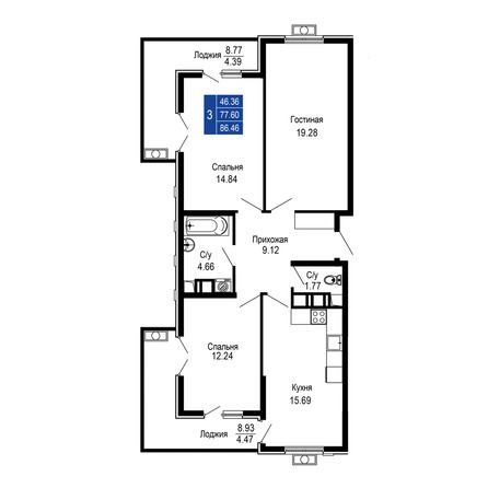 Планировка 3-комн 86,46 м²