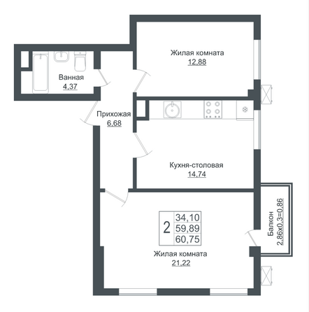 Планировка 2-комн 60,75 м²