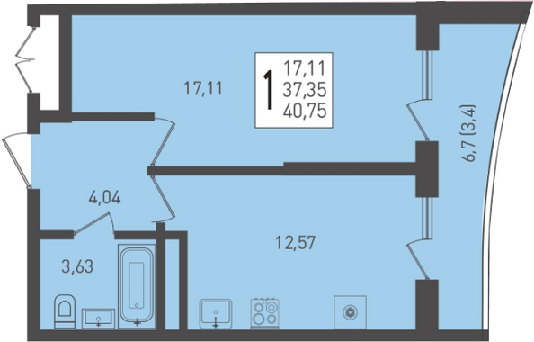 Планировка 1-комн 40,75 м²