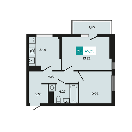 Планировка 2-комн 45,25 м²