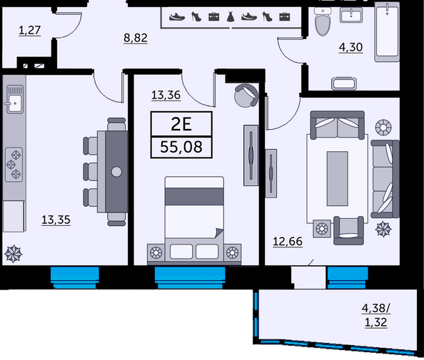 Планировка 2-комн 54,5 м²