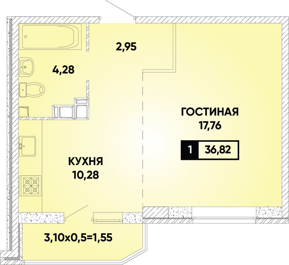 Планировка 1-комн 36,82 м²