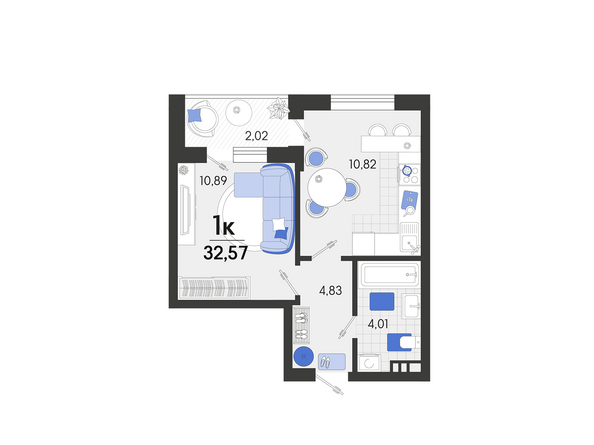 Планировка 1-комн 32,57 м²