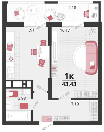 Планировка 1-комн 43,43 м²