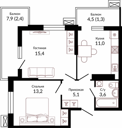 Планировка 2-комн 52 м²