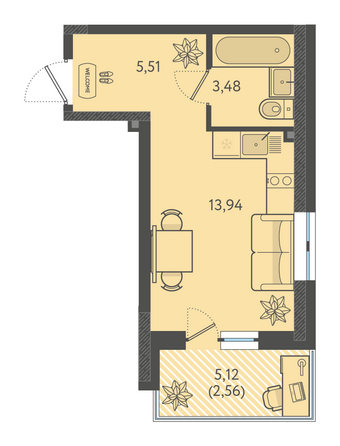 Планировка Студия 23,48 м²