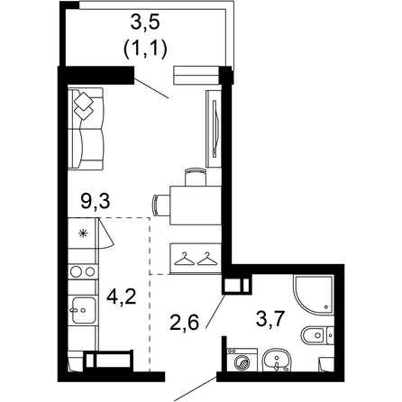 Планировка 1-комн 20,9 м²