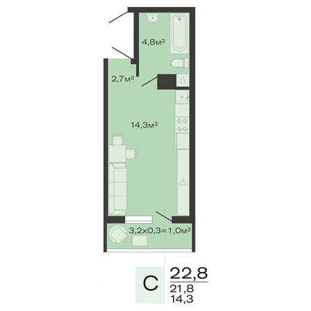 Планировка Студия 22,8 м²