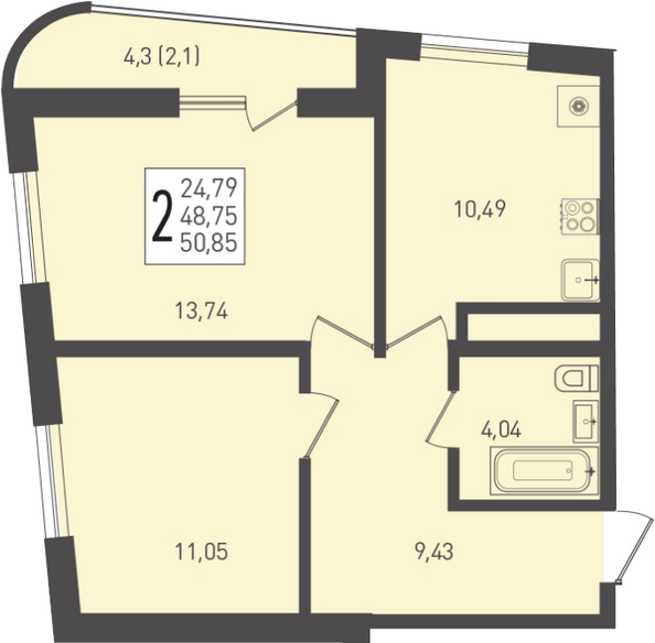 Планировка 2-комн 50,85 м²