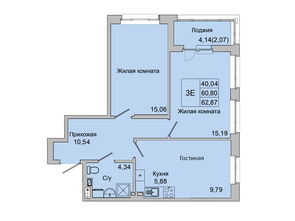 Планировка 3-комн 61,83 - 62,87 м²