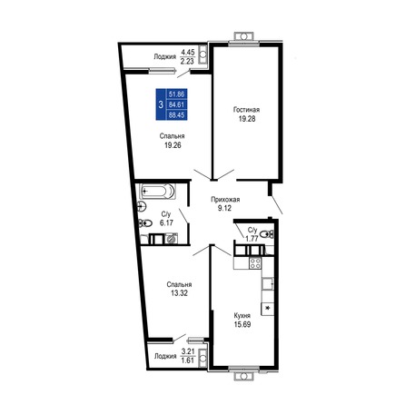 Планировка 3-комн 88,45 м²