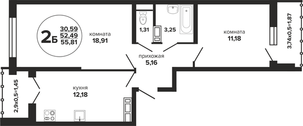 Планировка 2-комн 55,81, 56,55 м²