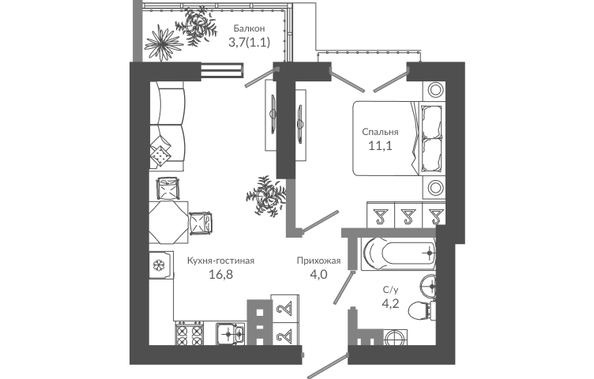 Планировка 1-комн 37,2 м²