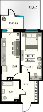 Планировка 1-комн 43,63 м²