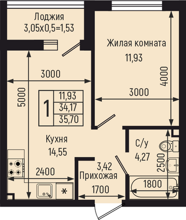 Планировка 1-комн 35,7 м²