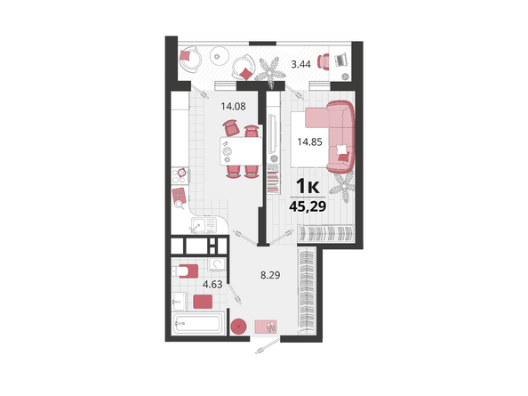 Планировка 1-комн 45,29 м²